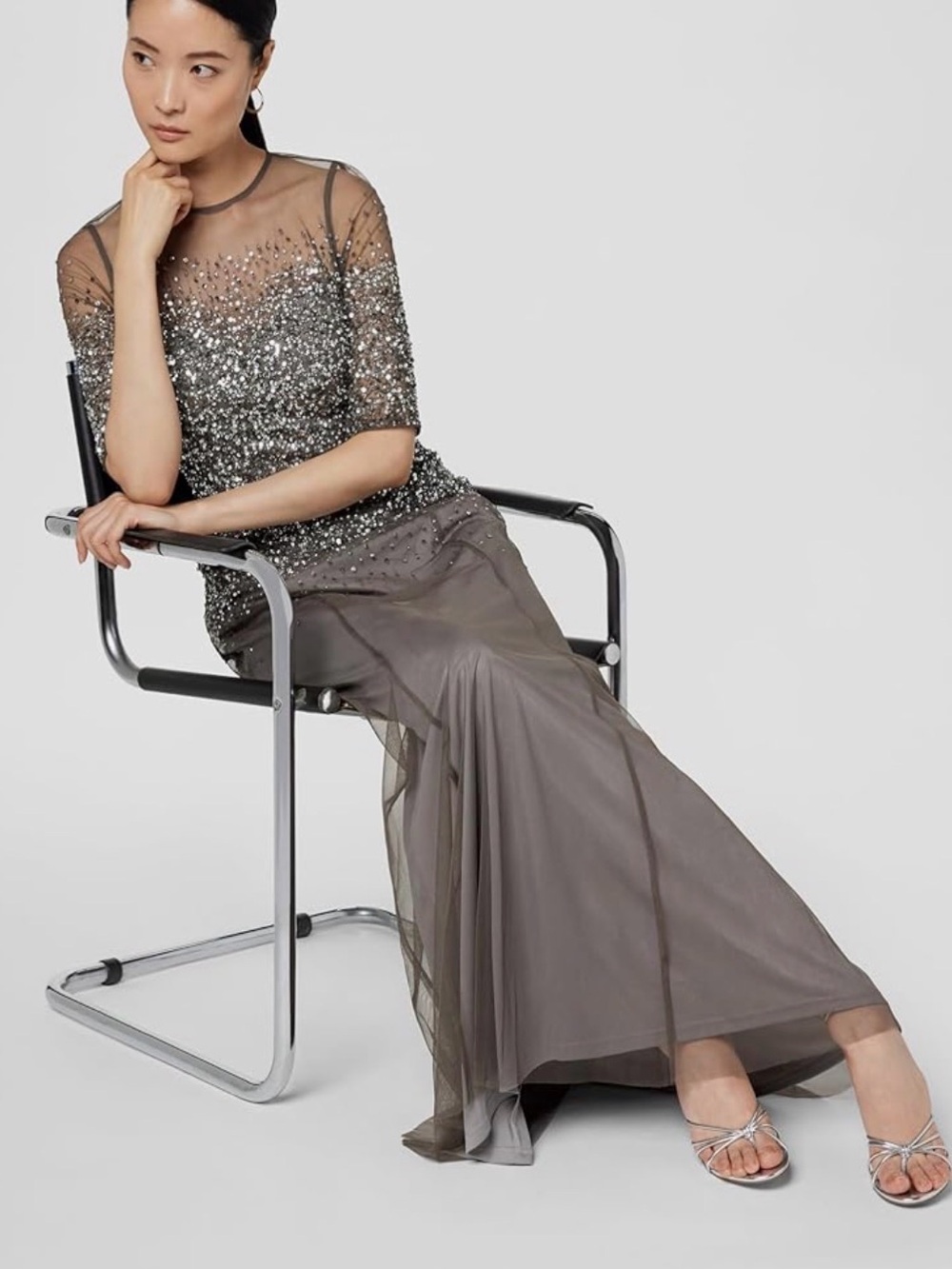 Adrianna Papell Silver Sequin Gown - Picture 2 of 8